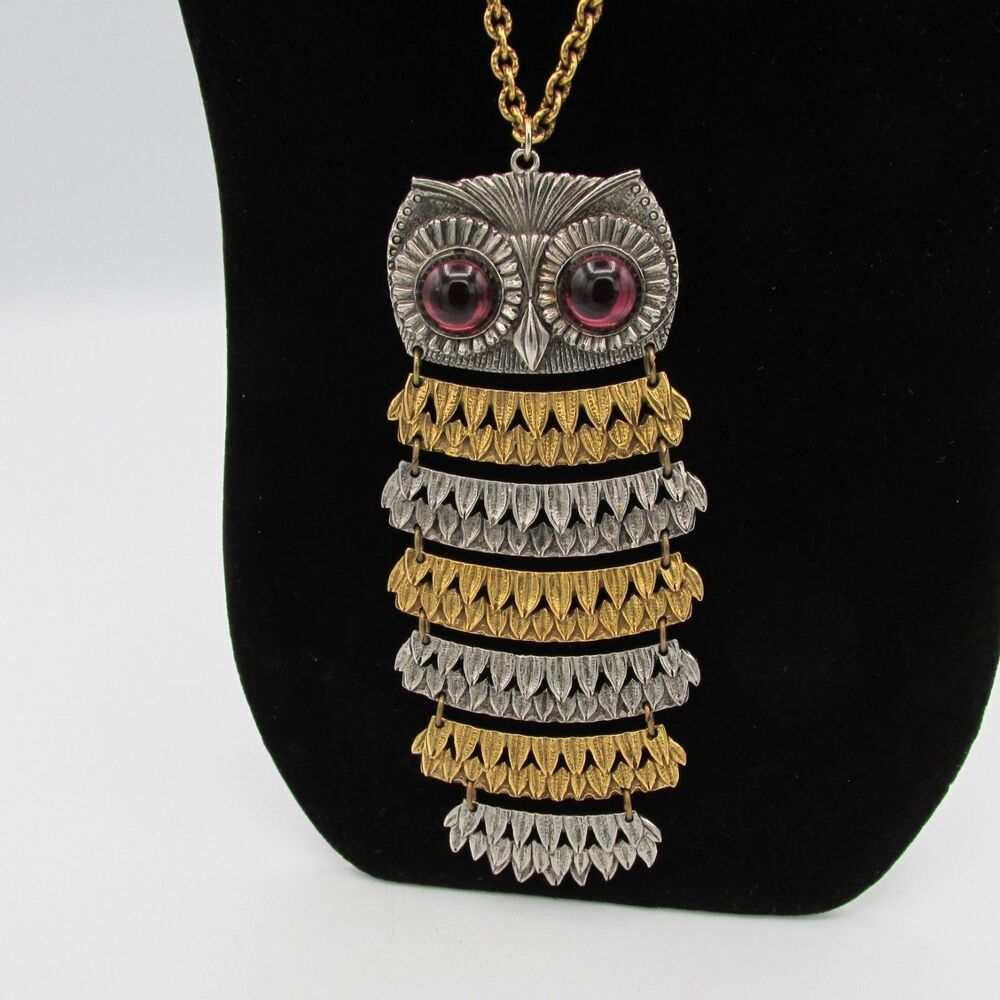 Goldette Two Tone Owl Pendant Necklace VIntage 60s Signed Gold Silver 24” Chain